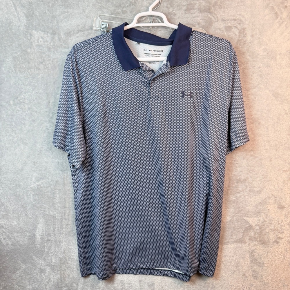 Under Armour Men XXL Performance Polo Shirt Navy White Honeycomb Geometric Loose